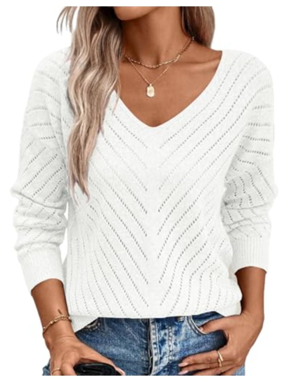 Womens Lightweight V-Neck Pullover Sweater Open Weave Knit Fall Casual Top